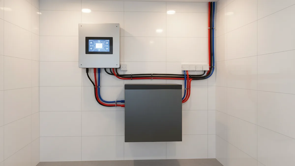 Technik kontroluje střídač a baterie od S-Power Energies v technické místnosti